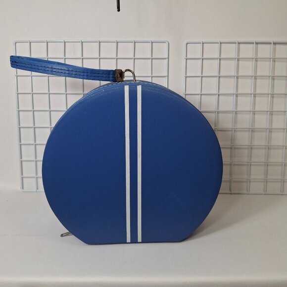 Vintage Travel Hat Box Round 1960s Suitcase Blue With 2 White Stripes - Picture 1 of 16